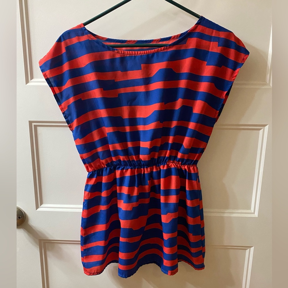 Red and blue striped blouse, size medium, gathered above the waist